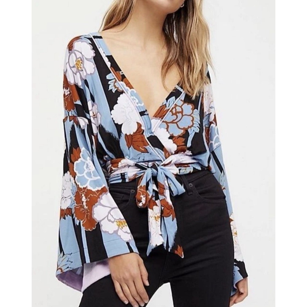 Free People That's A Wrap Tie Front Top Blue Black Combo Women's Size Medium